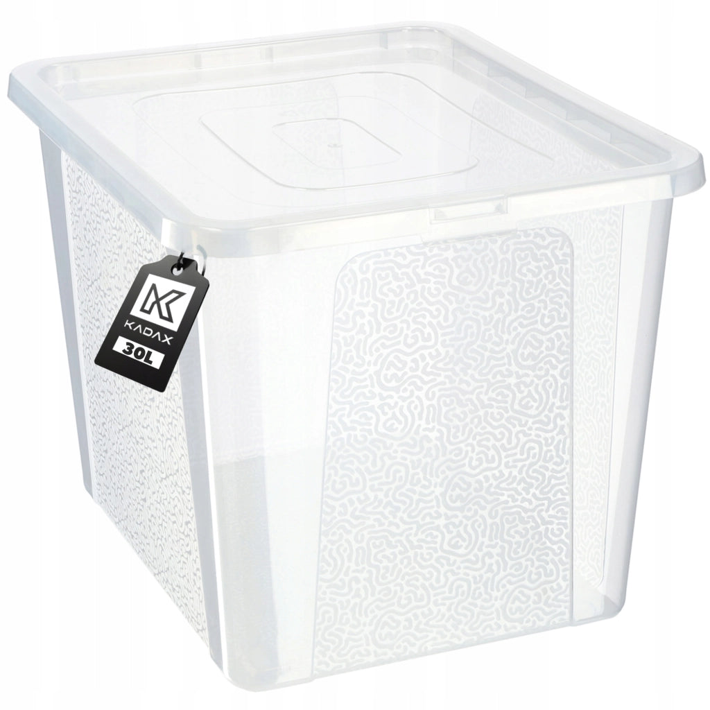 Contenitore in plastica KADAX da 30 litri con coperchio, trasparente e richiudibile, grande scatola