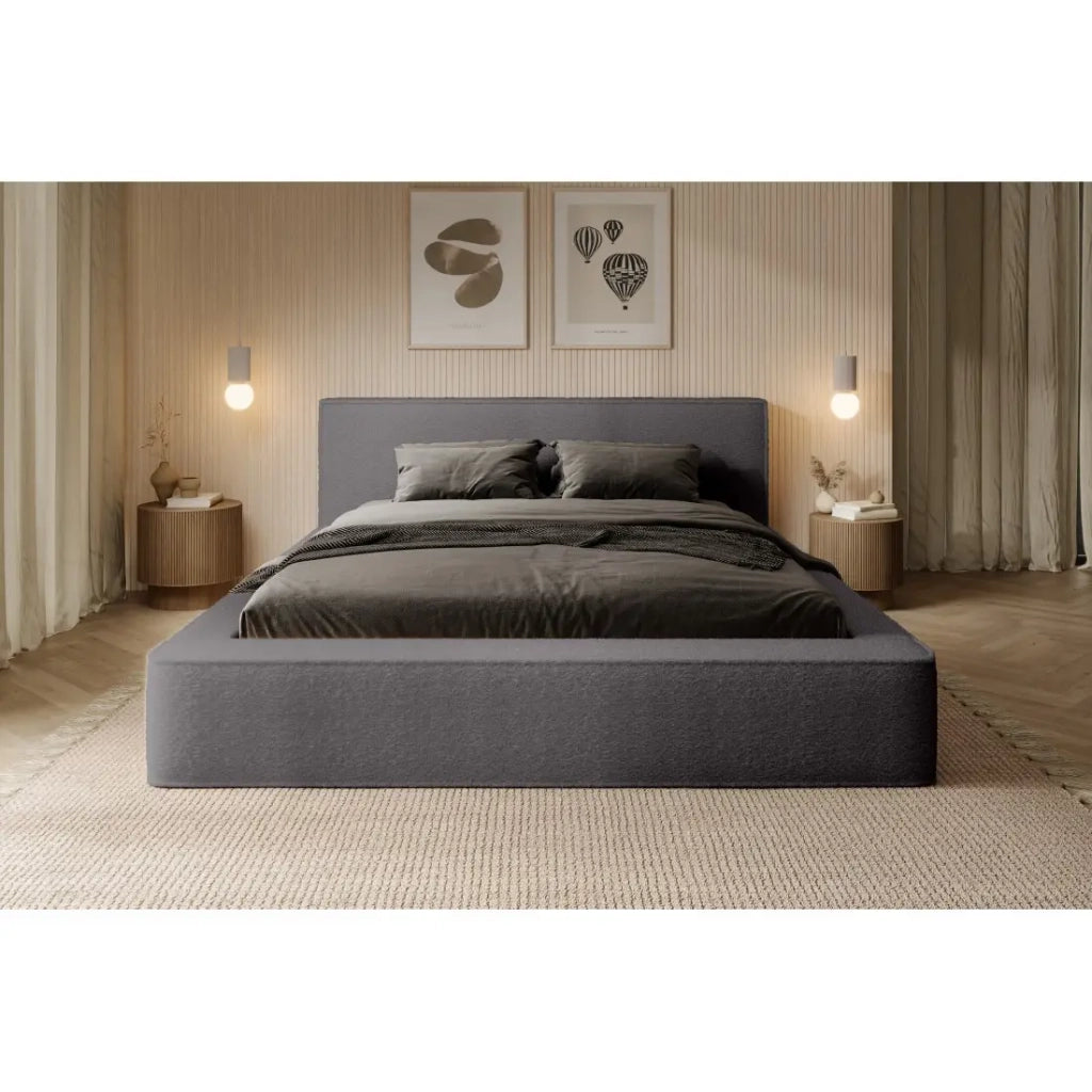 Lettino VELORA - Grigio cenere bouclé - 180x200 cm - Tessuto velluto morbido - Rete sollevabile - Spazio di immagazzinamento integrato