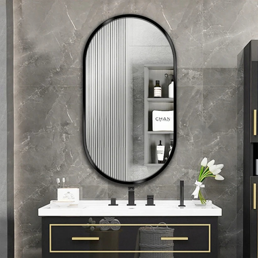 Grande specchio ovale da appendere con cornice nera 75x40 cm