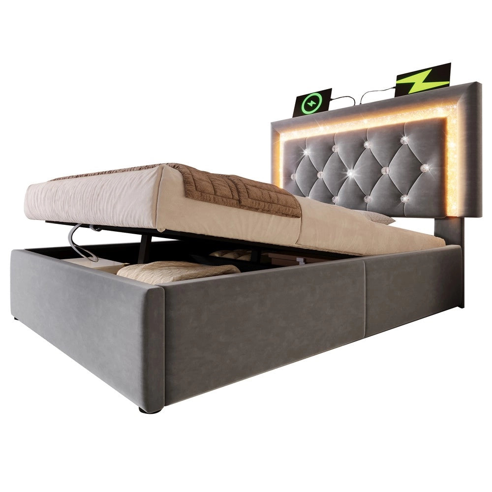 Letto Imbottito Singolo con Contenitore Idraulico e LED ¨C MINIMAL ¨C Velluto Grigio 90x200