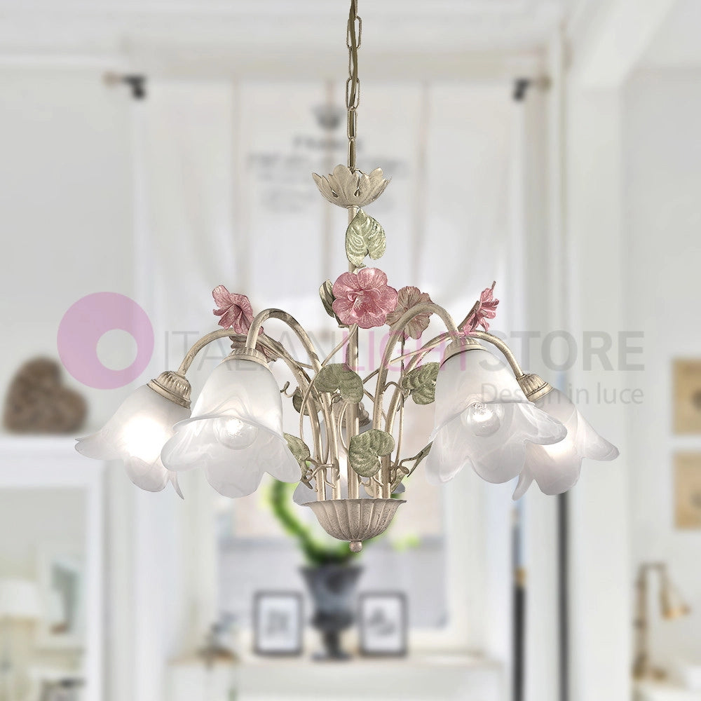 SPRING Lampadario in Ferro Decorato a 5 Luci Stile Floreale
