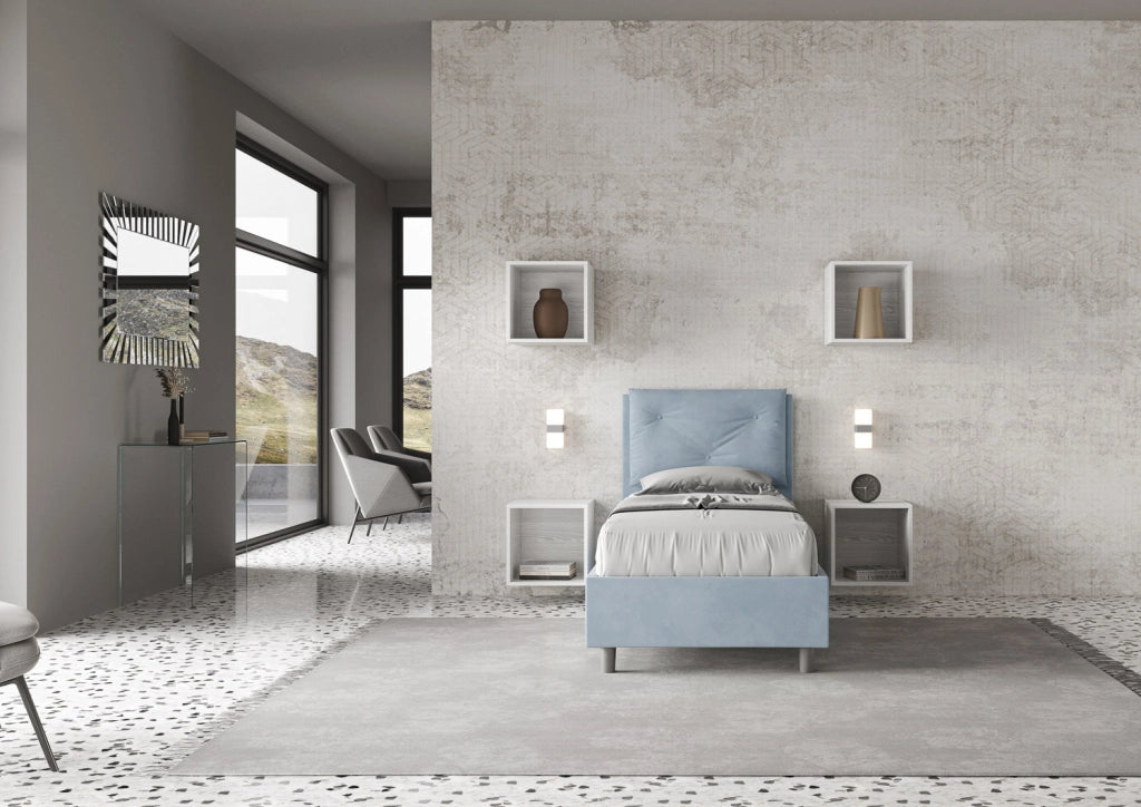 BS COM Letto singolo contenitore imbottito 90x200 microfibra azzurro