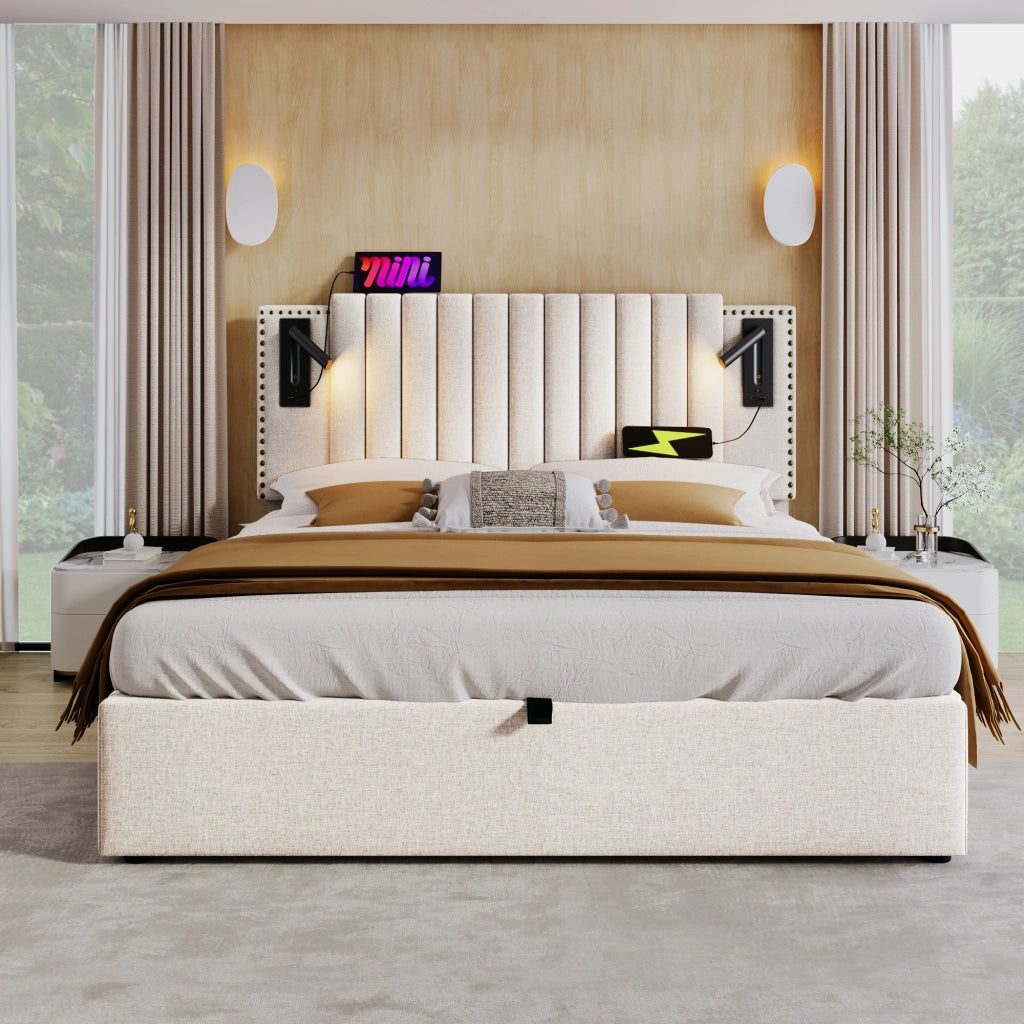 LETTO Contenitore 140x200 cm Beige in cotone con luce da lettura e USB