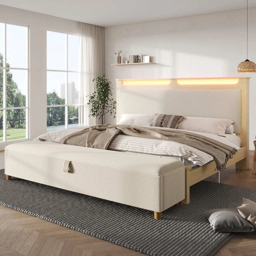 Letto 140x200 cm con contenitore e LED in legno e corduroy beige