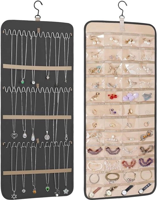 Oreloggiere per appendere - Organizzatore doppio per gioielli - 48 cassette e ganci - Nero