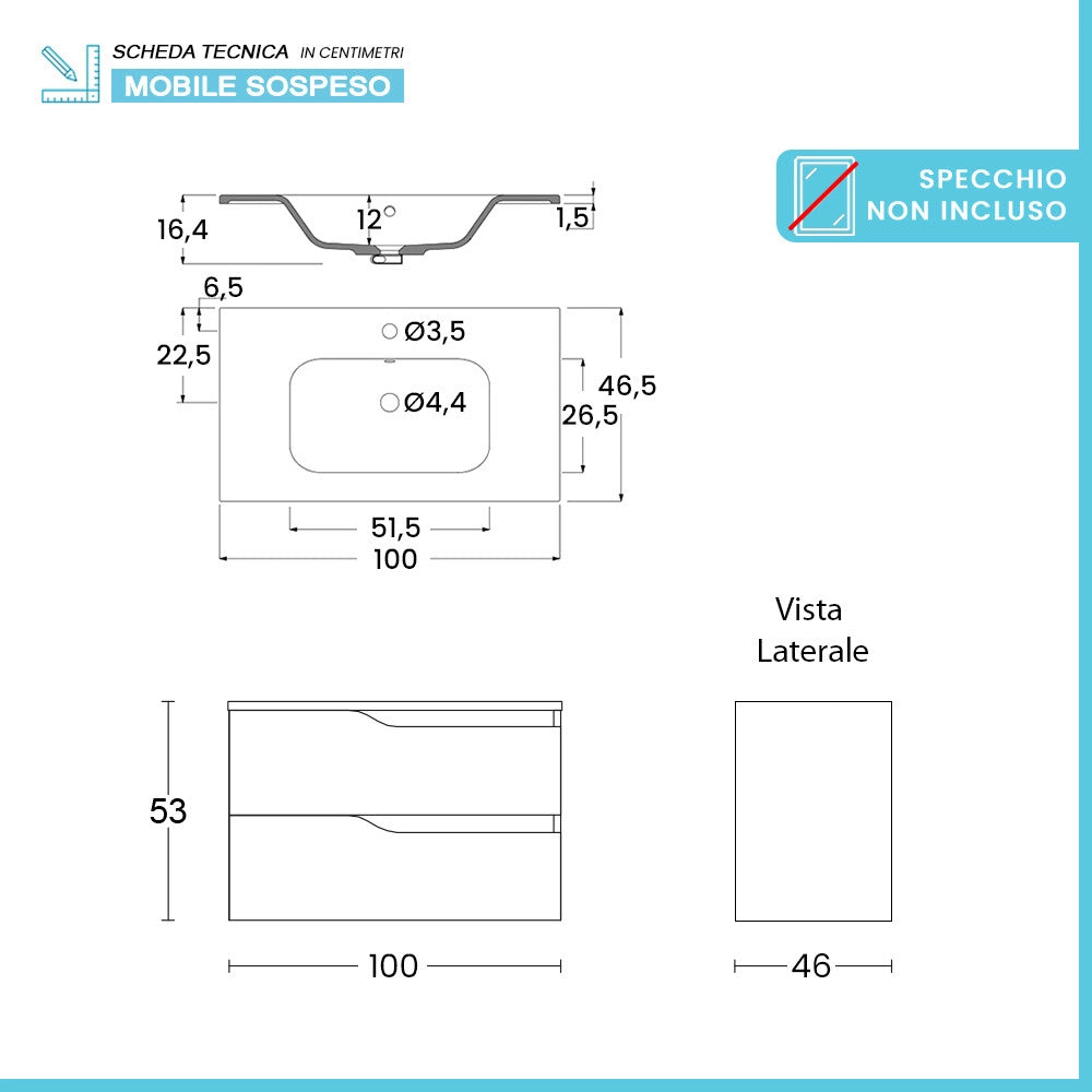 Mobile bagno sospeso 100cm quercia e bianco con lavabo Sumya