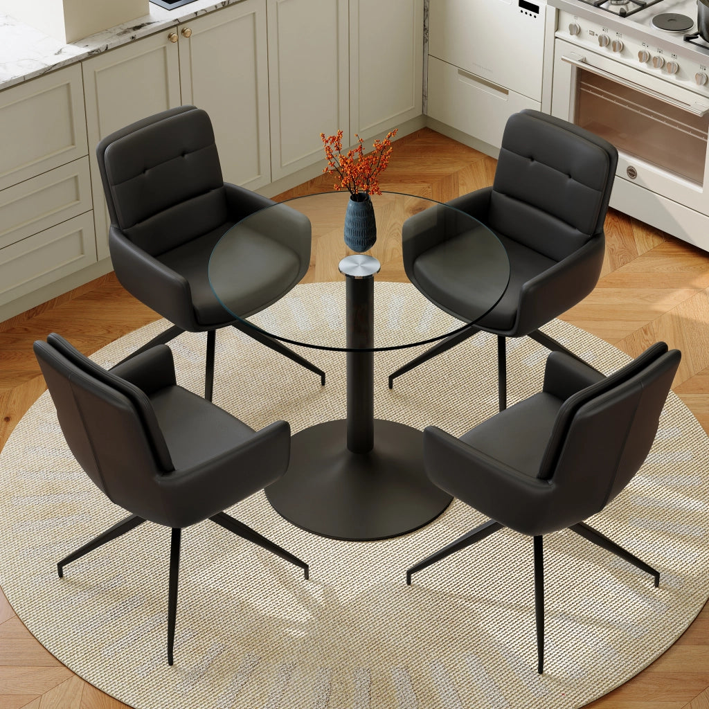 Set tavolo da pranzo e sedie con 1 tavolo rotondo e 4 sedie girevoli in vetro temperato; metallo e PU nero