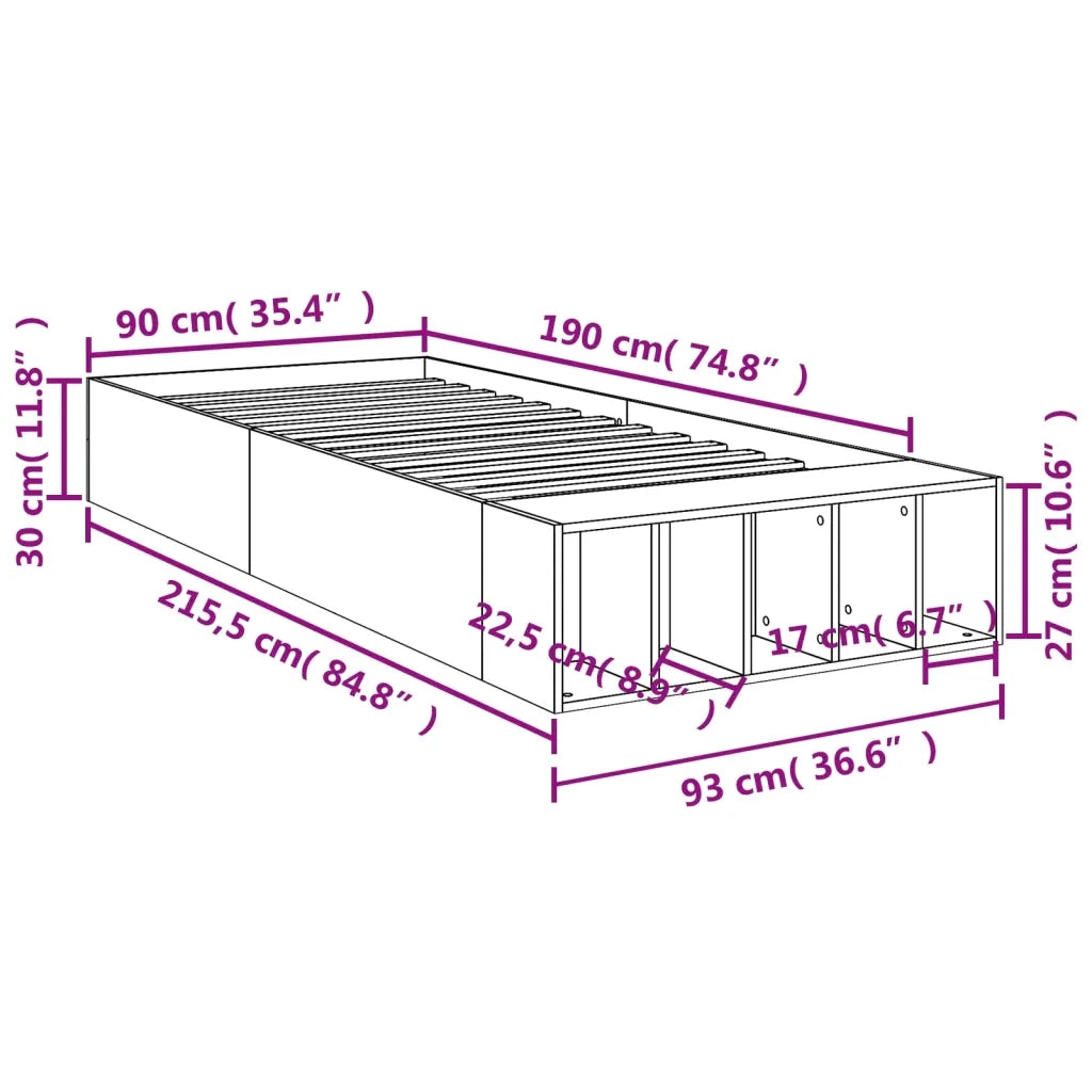 Letto singolo | Letto per adulti | Giroletto senza Materasso Rovere Sonoma 90x190 cm