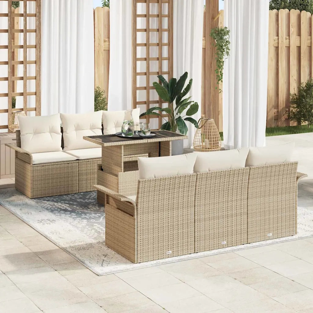 Set Divano da Giardino con cuscino 7 pcs Beige Poly Rattan