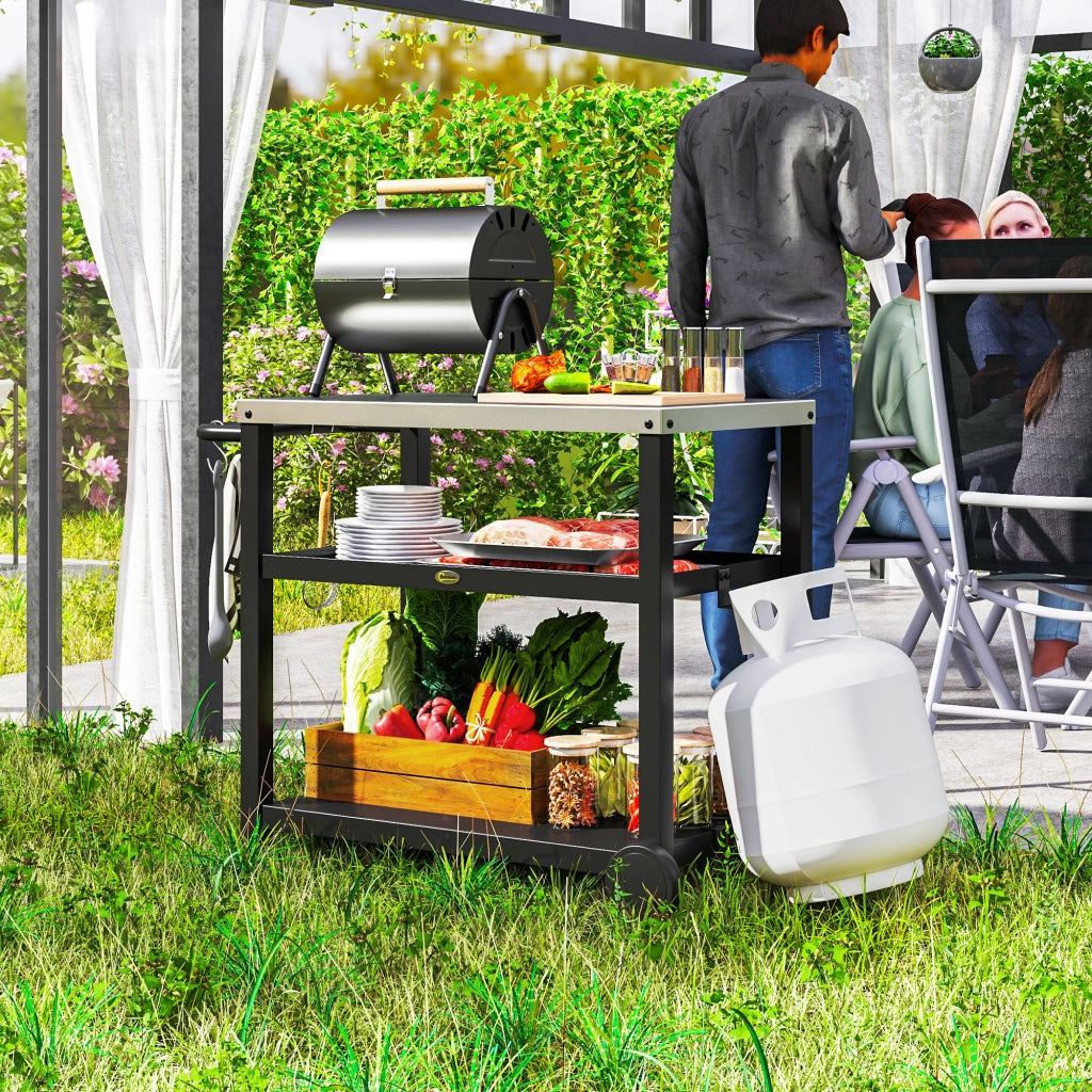 Carrello da Giardino BBQ ¨C Xylo ¨C Grigio con Ripiani e Ruote 102x50x81 cm