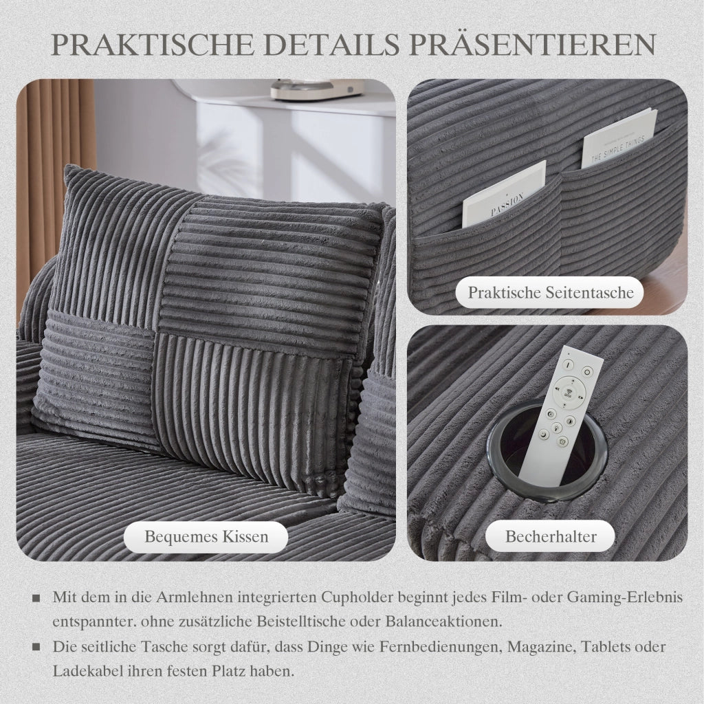 Divano modulare 4 posti con portabicchiere e tasca laterale; in corduroy grigio scuro
