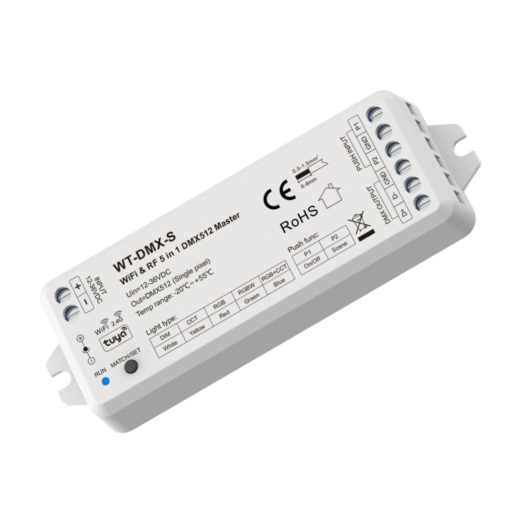 Controller WiFi DMX512 Master, APP Tuya Smart Life, RF 2.4GHz e Push,  5 in 1per DIM CCT RGB RGBW RGB+CCT, 12V 24V 36V DC, 8 Bit 16 Bit, Controllo Vocale