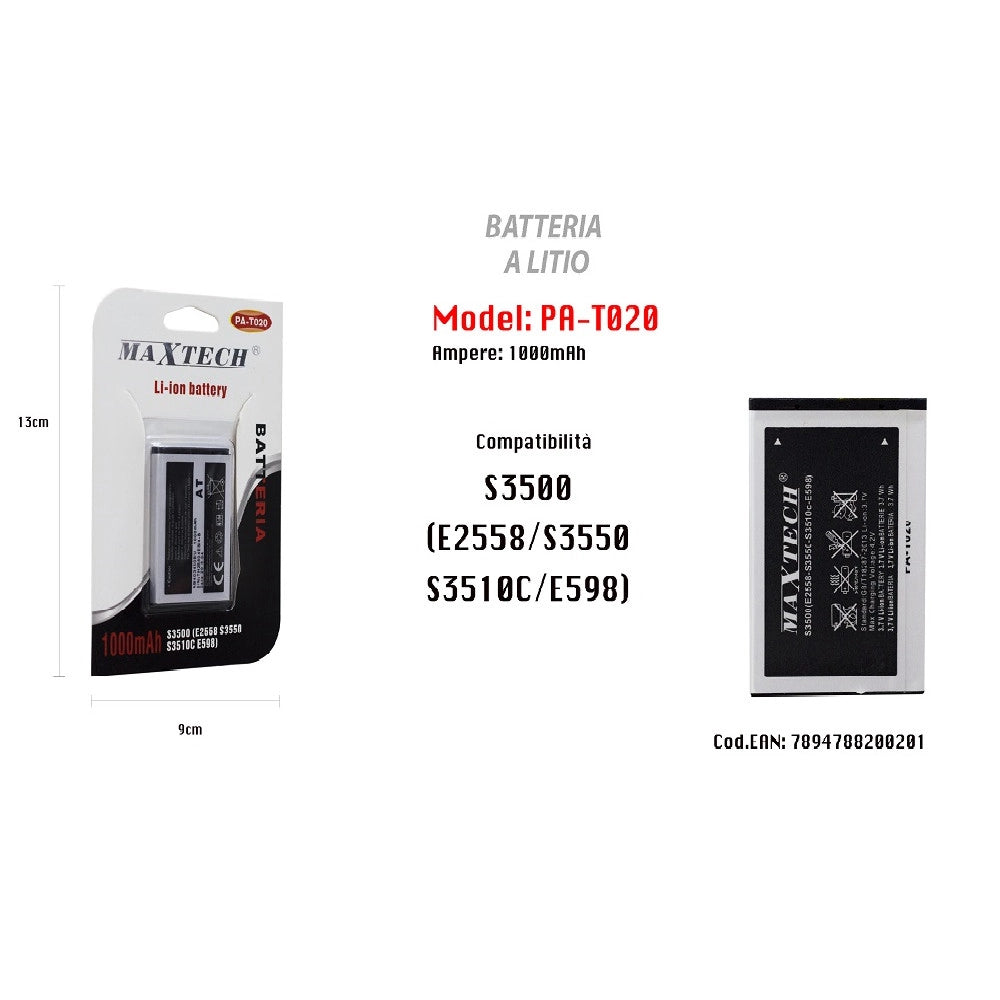 Trade Shop - Batteria Compatibile Per S3500 Cellulare Smartphone A Litio 1000mah Maxtech Pa-t020 -