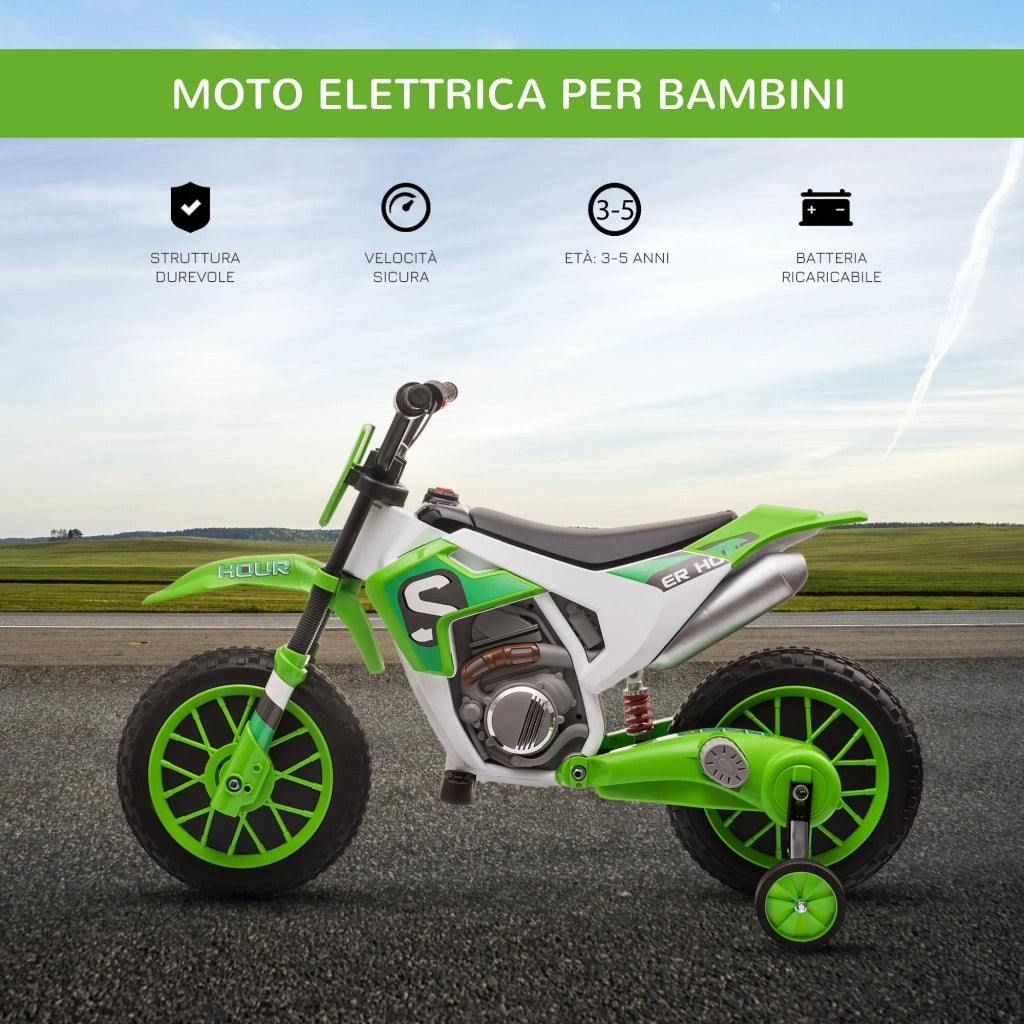 EasyComfort Moto da Cross Elettrica per Bambini con Rotelle, in PP e Metallo, 106.5x51.5x68 cm, Verde