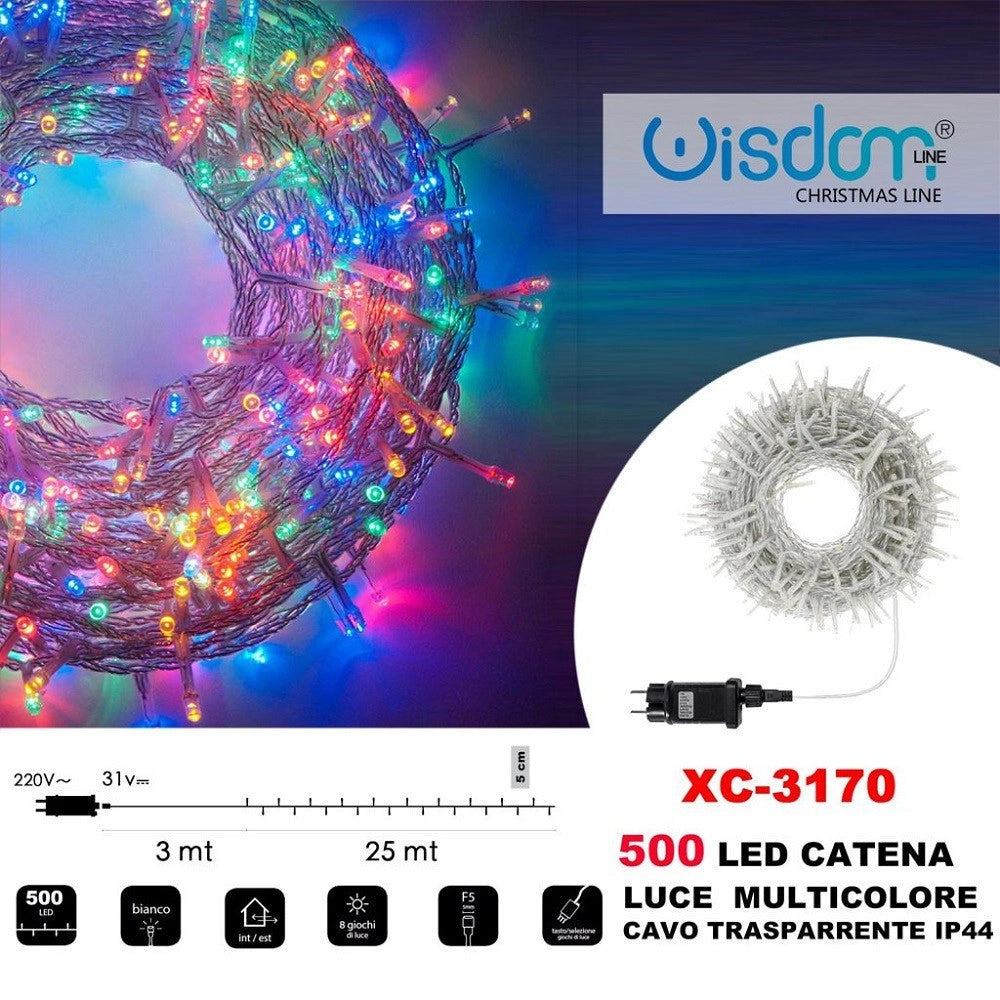 Trade Shop - Catena Luminosa 500 Luci Led Lucciole Luce Multicolore Cavo Trasparente Xc-3170 -