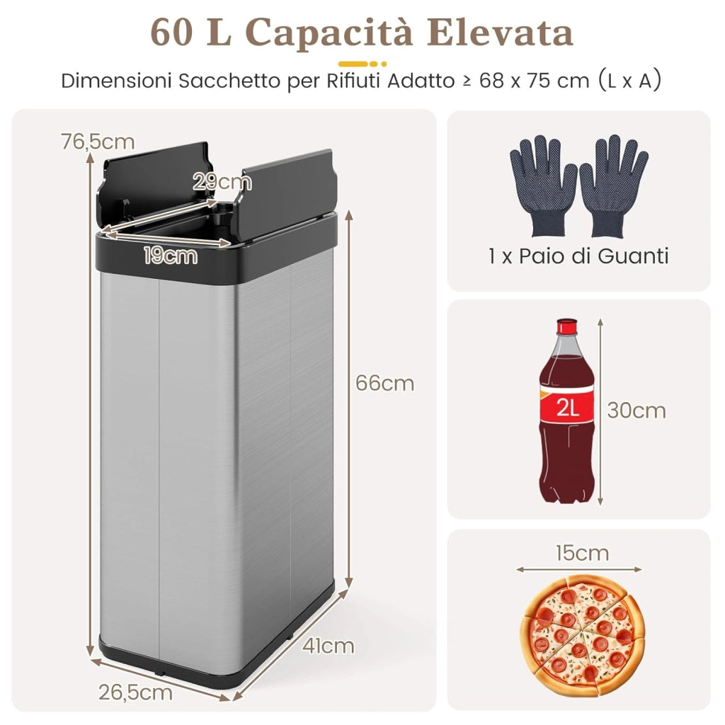 60L Cestino per Rifiuti con Coperchi a Ali, Pattumiera in Acciaio Inox Spazzolato con Sensore di Movimento a Infrarossi, Bidone Automatico per Camera da Letto, Bagno e Cucina (Argento)