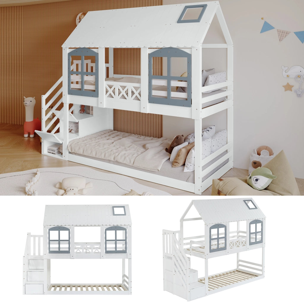 Letto a castello con protezione laterale in pino e MDF 90x200 cm