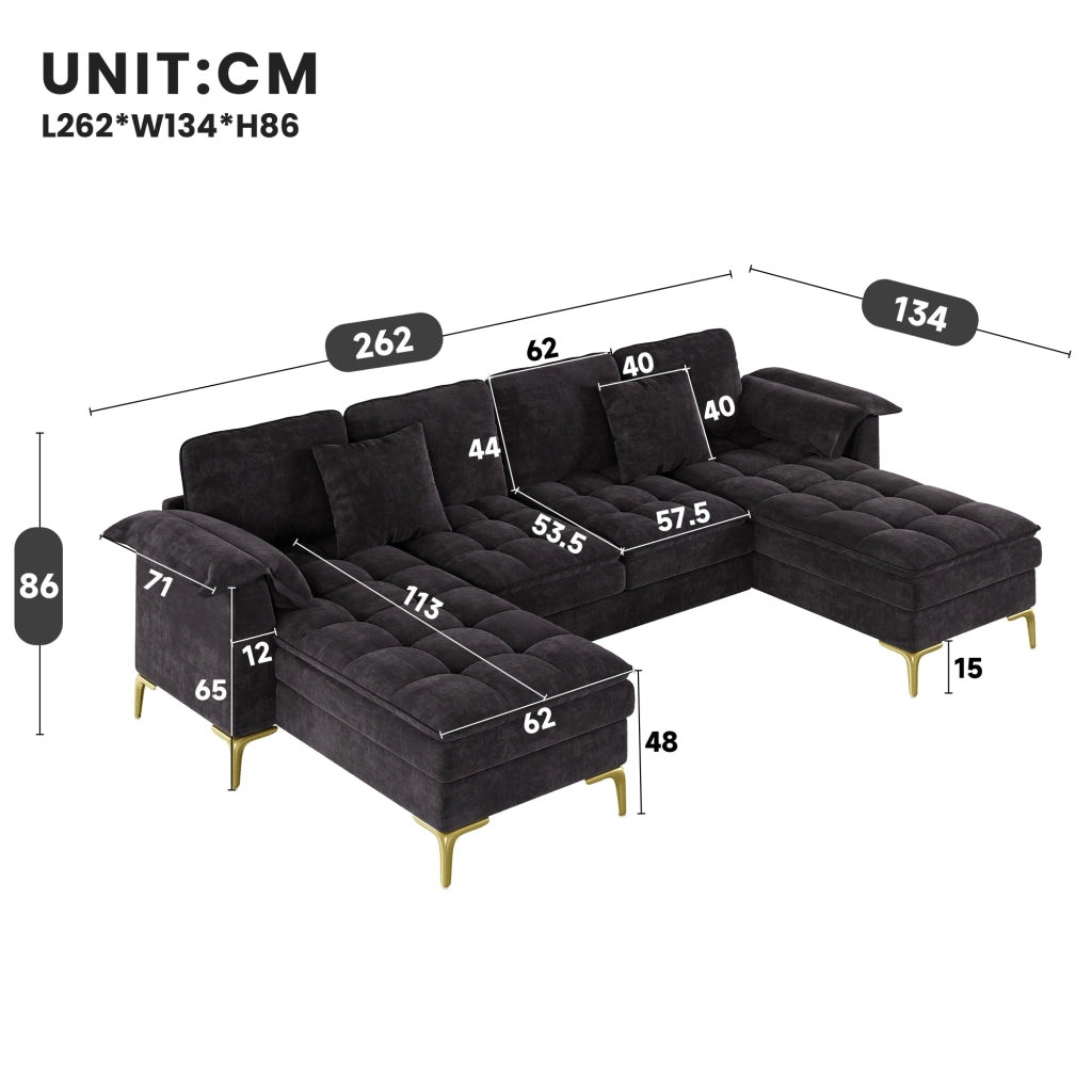 DIVANO A U Modulare 262x134x86 cm Chenille Nero