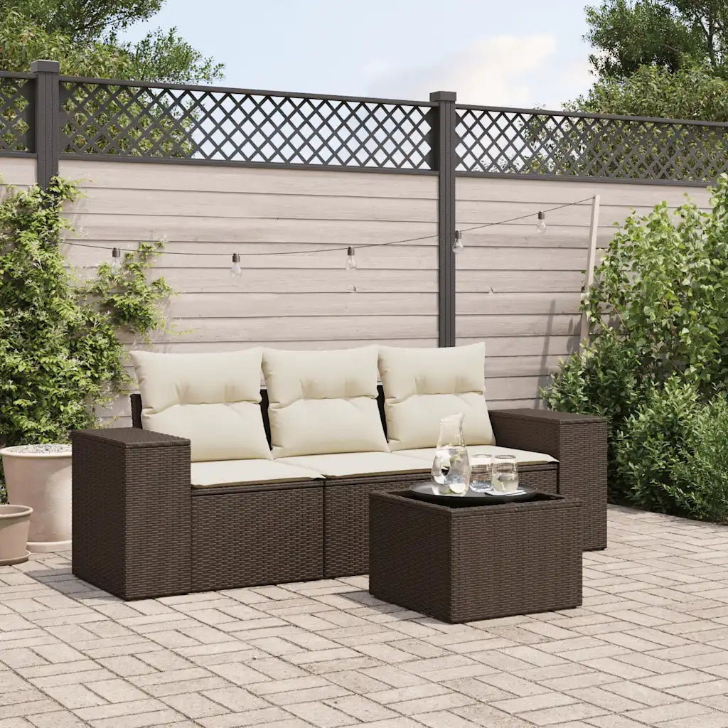 Set Divano da Giardino 4 pz | Set Salotto da Giardino con Cuscini Marrone in Polyrattan