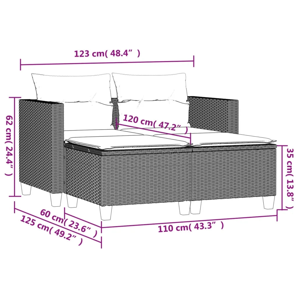 Divano da Giardino 2 Posti con Sgabelli-Sofa da Giardino-Divano da esterno Grigio Chiaro Polyrattan