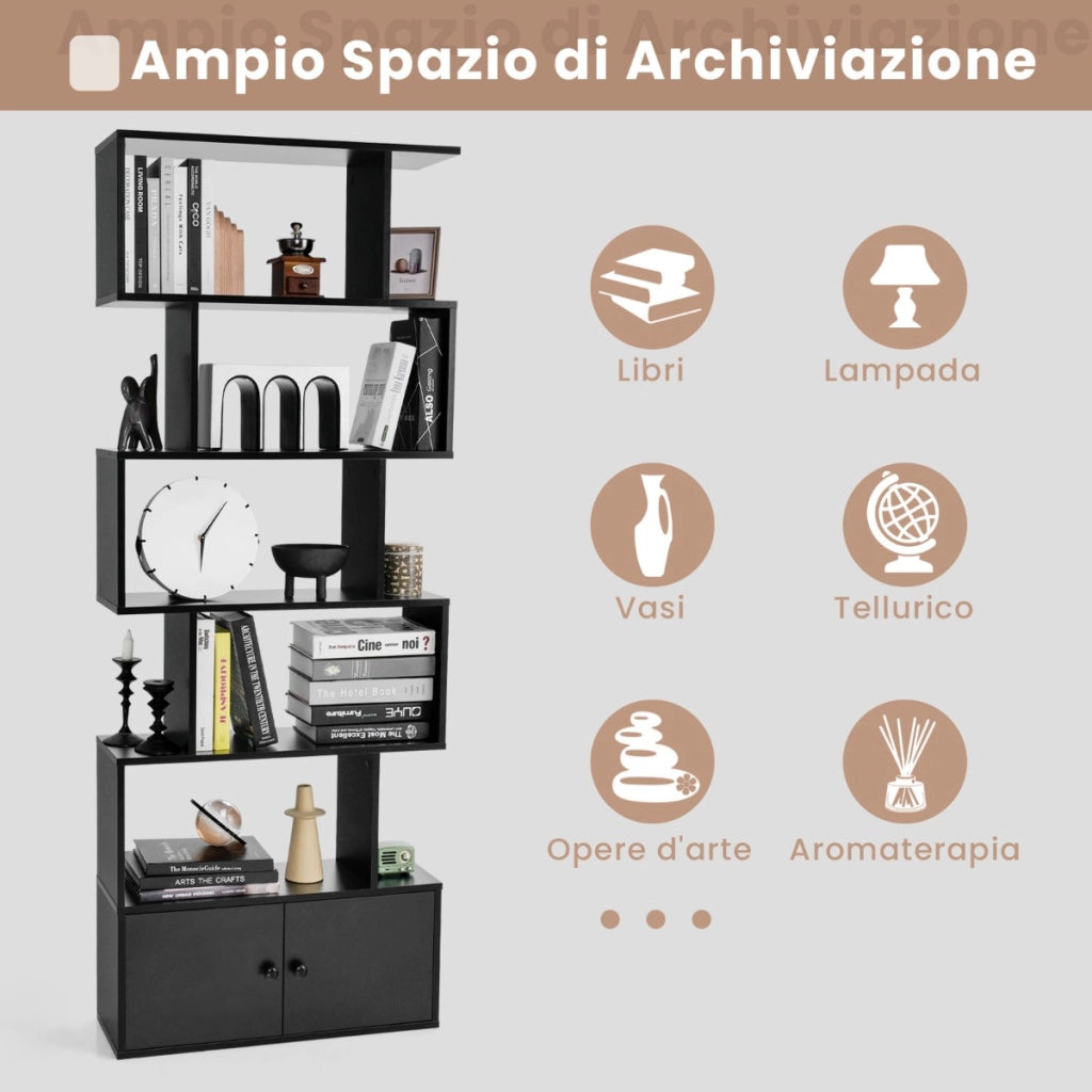 Libreria a forma di S a 5 livelli con ante, Scaffali decorativi in legno per il soggiorno l'ufficio Nero