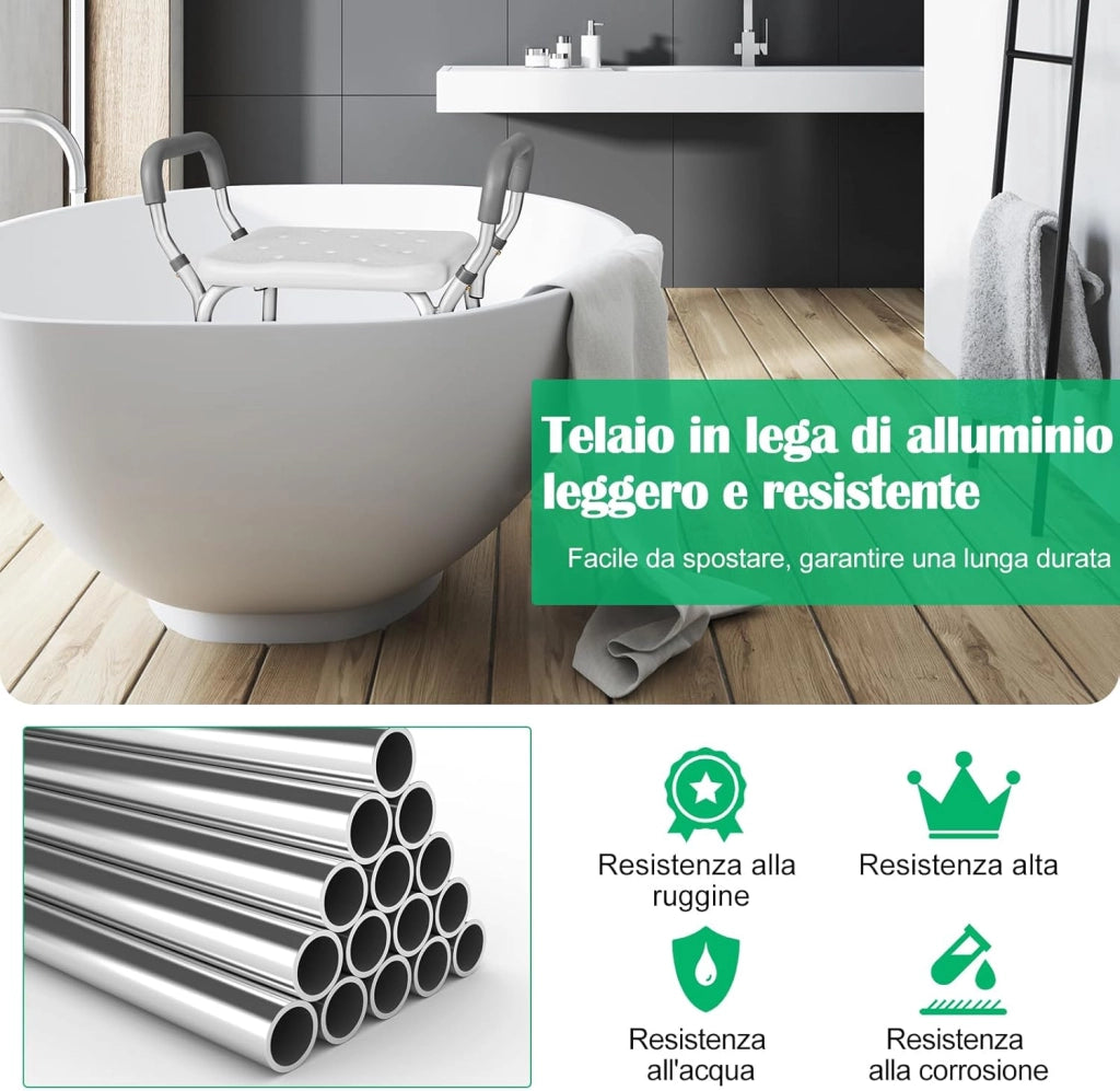 Sgabello Doccia Anziani 59 x 43 x 67cm, Sedia per Doccia Regolabile in 6 Altezze con Braccioli Imbottiti Staccabili e Piedini in Gomma Antiscivolo, Capacità di Peso 100 kg (Grigio)