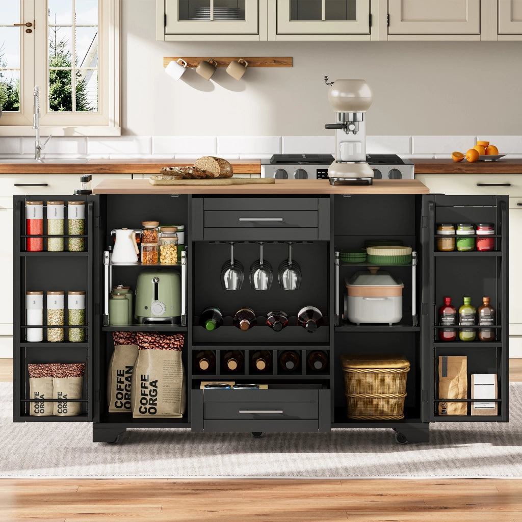 Carrello da cucina multifunzionale - Zephmum- 120x45/70x92cm- Nero- Con ripiano pieghevole, porta bicchieri, porta spezie e porta asciugamani