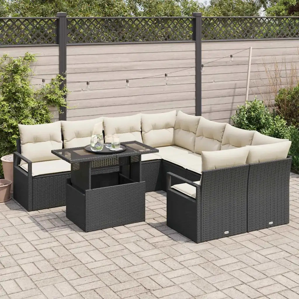 Set Divano da Giardino 9 pcs Nero e Crema polyrattan
