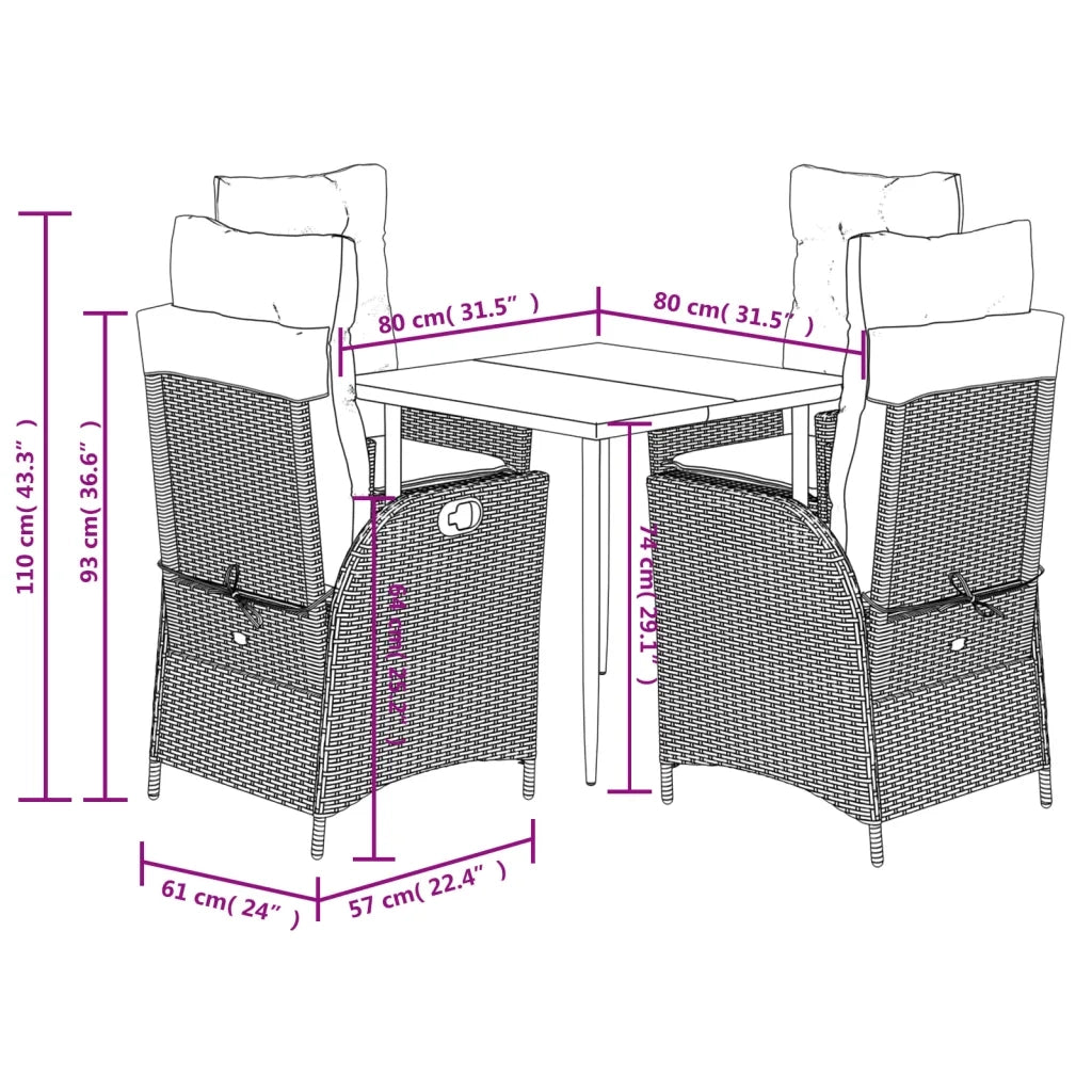 Set da Pranzo da Giardino 5 pz Nero con Cuscini in Polyrattan 3213155