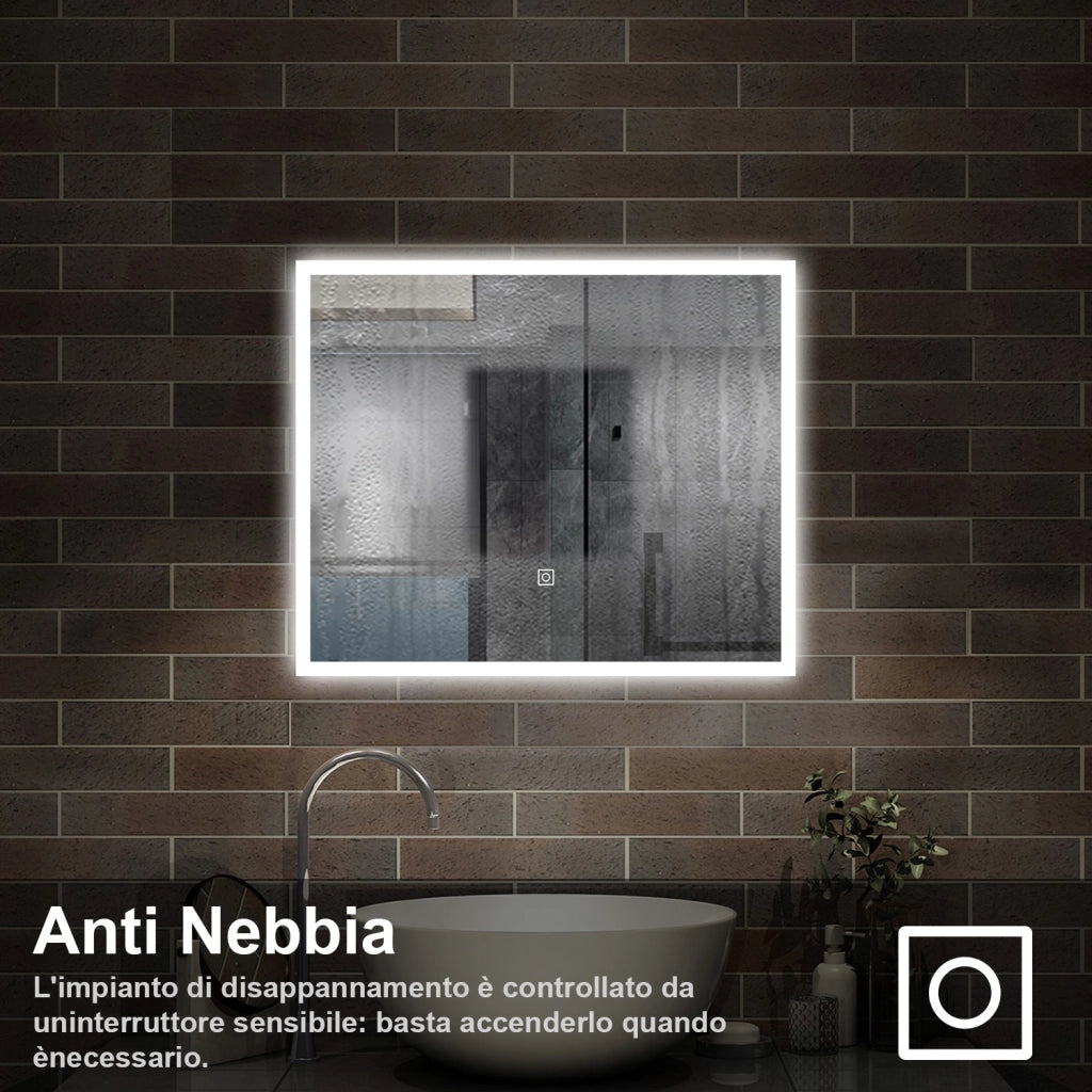 specchio rettangolare 90x70 cm con luce led, antiappannamento e touch