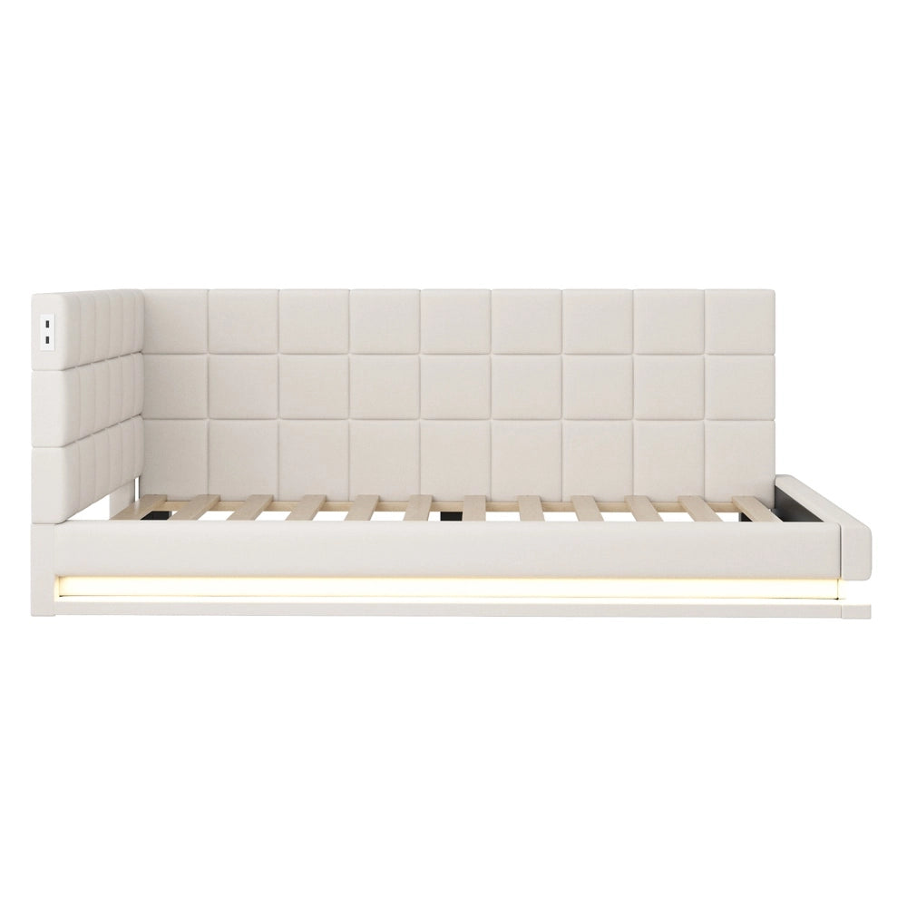 Divano letto 90x200cm - Xylo - velluto beige, LED, USB, doghe