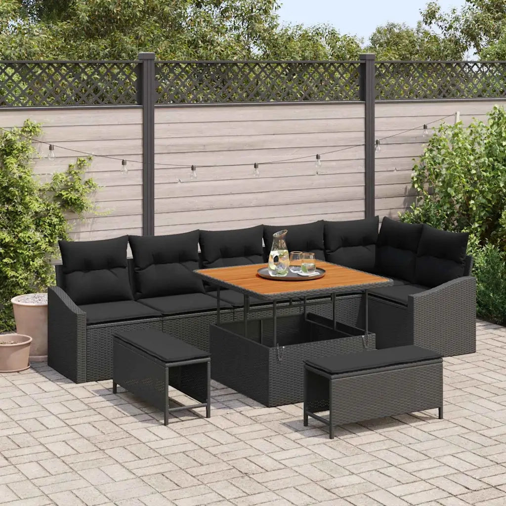 Set Divano da Giardino con cuscino 9 pcs Nero polyrattan