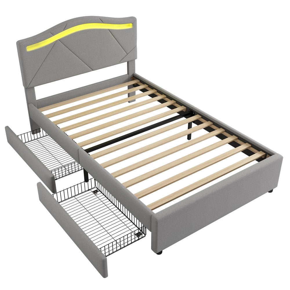 Letto Imbottito con LED e Cassetti ¨C MINIMAL ¨C Testiera Regolabile, Grigio, 90x200