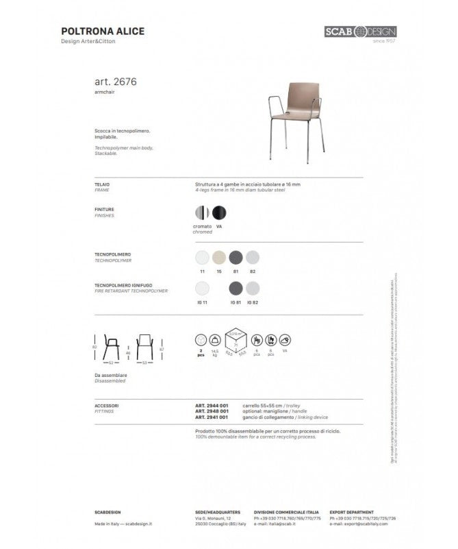 SEDIA ALICE - SET DA 2 - CON BRACCIOLI TECNOPOLIMERO e acciaio made in Italy SCAB DESIGN - Antracite 81
