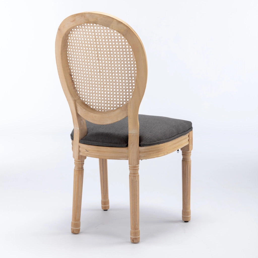 Sedie da Pranzo in Legno Massello con Schienale in Rattan ¨C Xylo ¨C Set 2 Pezzi, Tessuto Lino, Grigio