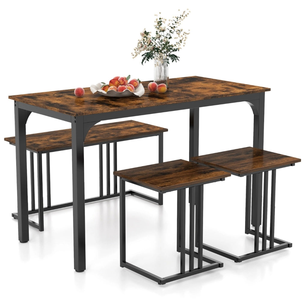 Set di tavolo da pranzo da 4 pezzi per 4 persone, Tavolo da cucina con panca e 2 sgabelli con struttura in metallo Marrone-Tavoli e sedie da pranzo