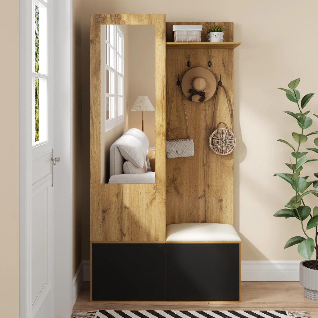 Set guardaroba da ingresso con specchio, 5 ganci appendiabiti, scarpiera e panca, 191x100x38 cm, nero e naturale