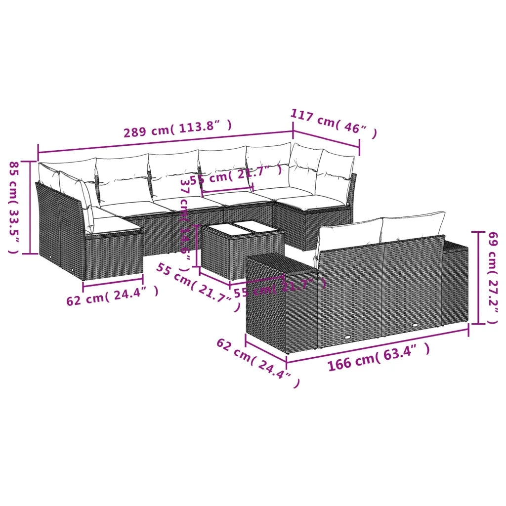 Set Divani da Giardino 10pz con Cuscini in Polyrattan Nero 3255362
