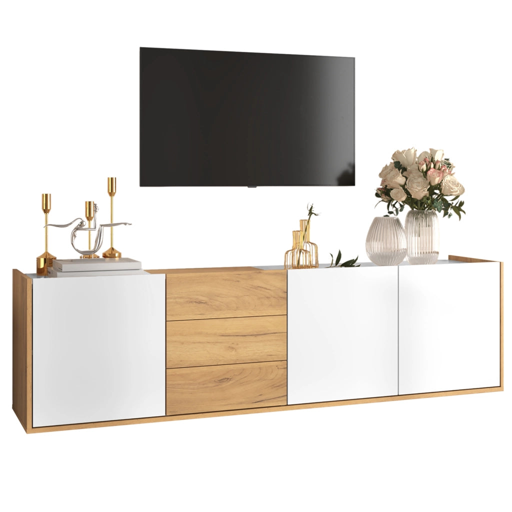 Mobile TV Basso ¨C MINIMAL ¨C Bianco e Legno, da Parete o a Pavimento