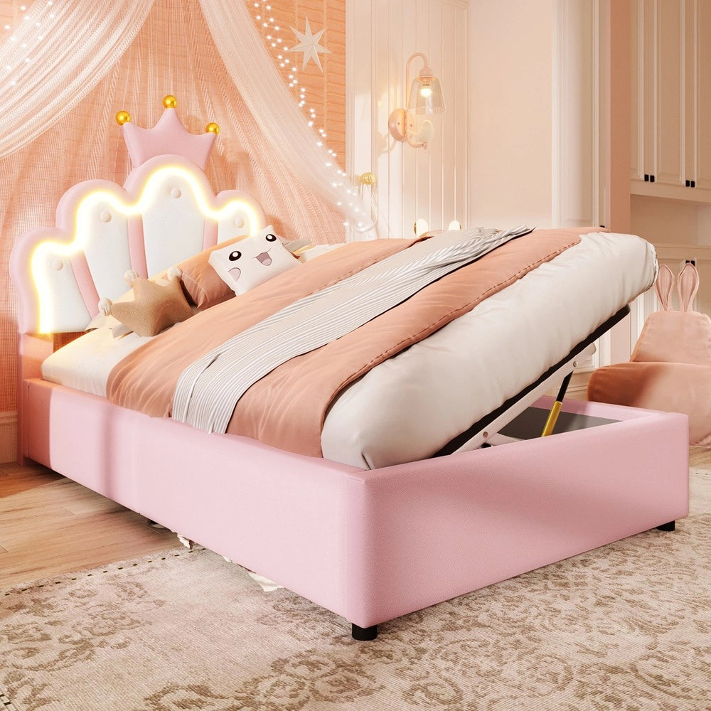 Letto Imbottito con LED e Alzata Idraulica ¨C MINIMAL ¨C Rosa, PU, 90x200