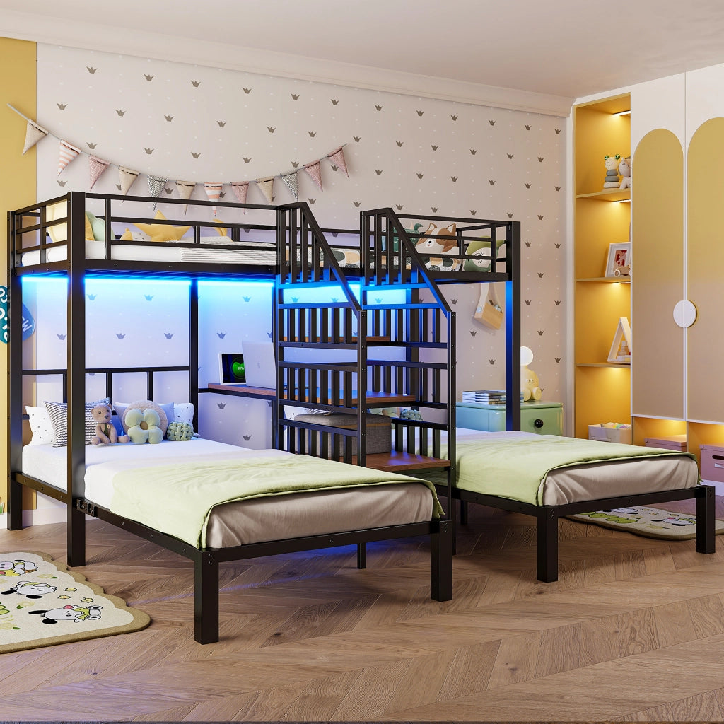 Letto a castello 90x200 cm - Zephmum- 3 posti, LED, scrivania, scaffale, USB, nero
