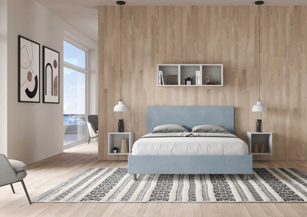 Letto Matrimoniale 160x210 cm con Rete e Contenitore Giroletto con Alzata Comoda Imbottito in Microfibra Adele Azzurro
