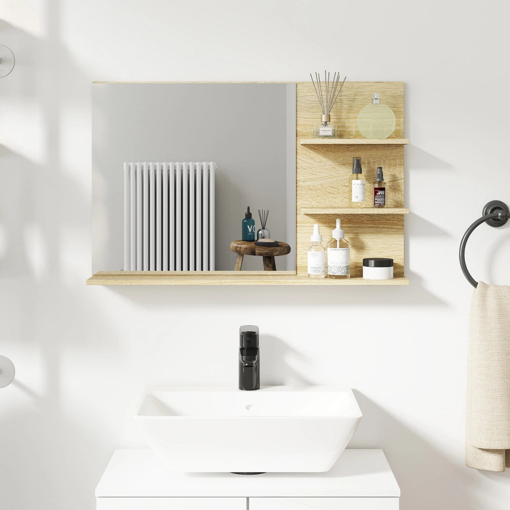 Specchio Bagno con Ripiani Laterali e Inferiore in Legno e Vetro ¨C Minimal ¨C 75x10x48 cm