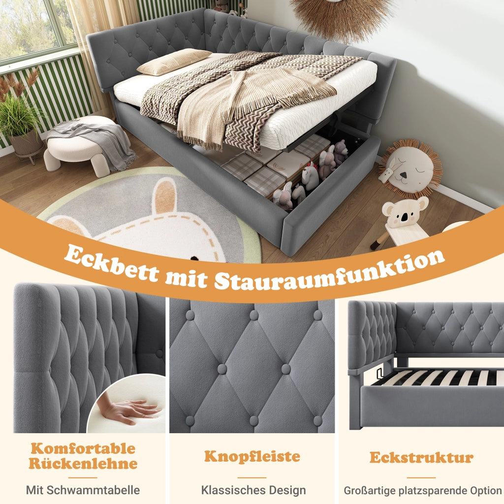 Daybed singolo – 90x200 cm – contenitore idraulico rete legno – velluto grigio