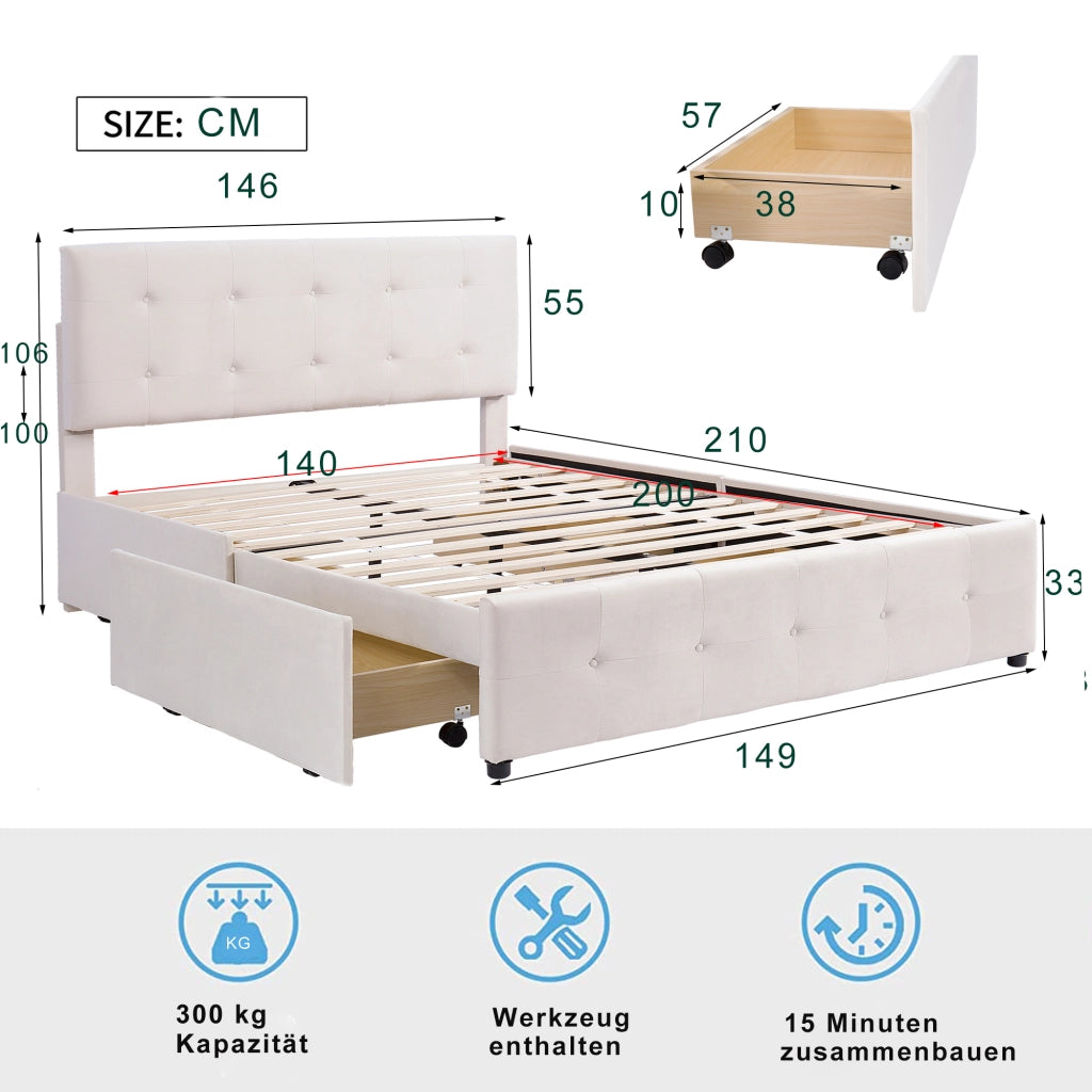 Letto Imbottito Matrimoniale con Cassetti e Rete ¨C MINIMAL ¨C Velluto Beige 140x200