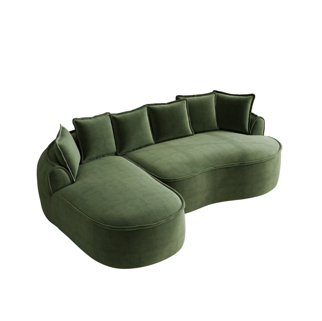 Divano modulare senza struttura in ciniglia verde con chaise longue; 2 moduli e cuscini
