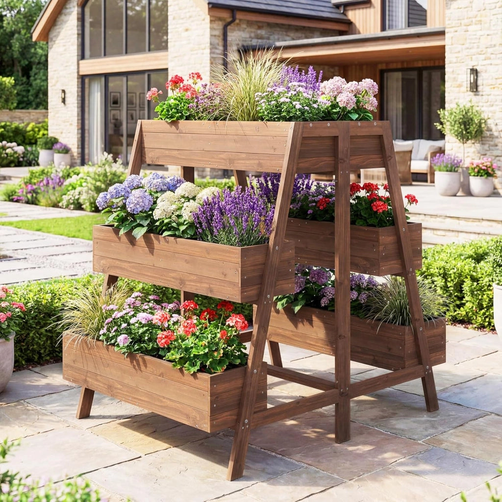 Orto Rialzato a 3 Livelli, Fioriere Rialzate in Legno Massello con Base Doghe e Tessuto, Aiuola Verticale per Piante da Interno ed Esterno per Giardino, Patio e Balcone, 126 x 90 x 115 cm