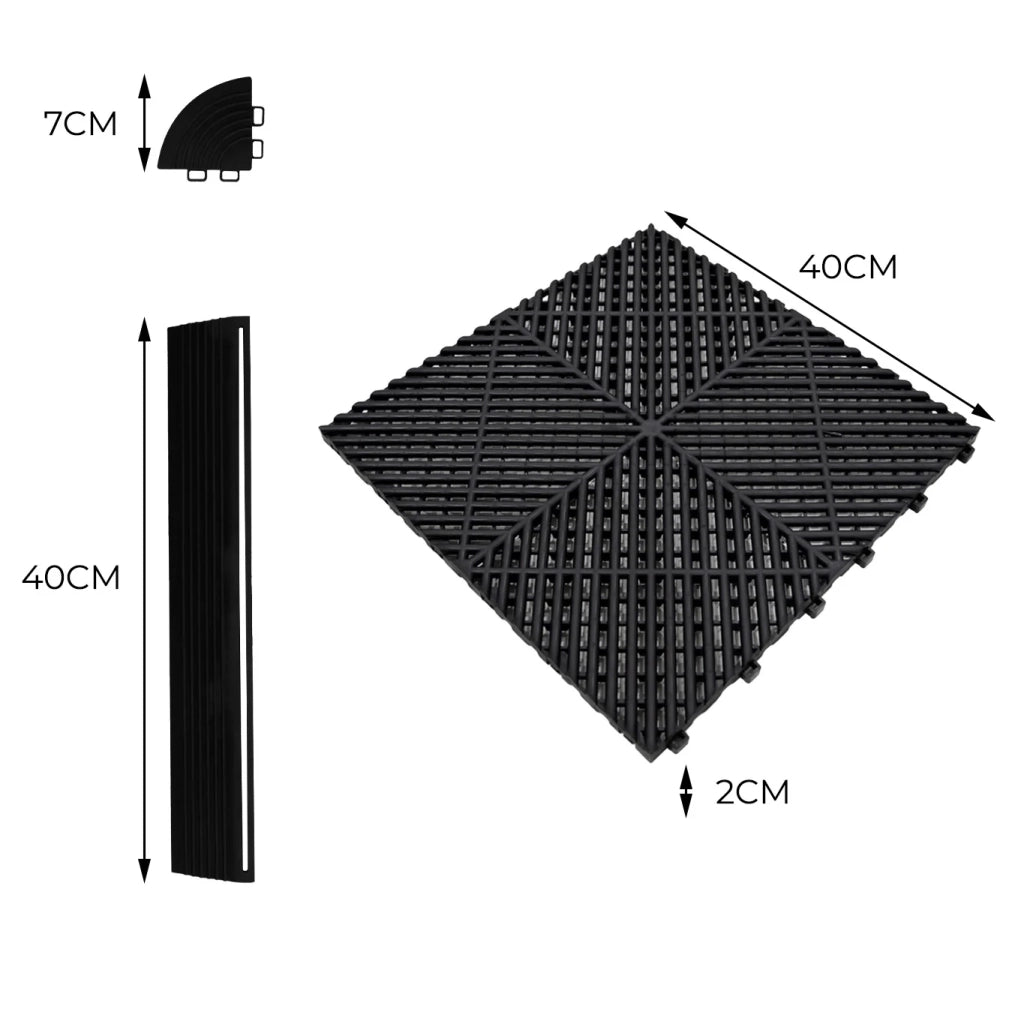 Piastrelle ventilate nere e grigie 6m x 6m per garage doppio e officine, antiscivolo.