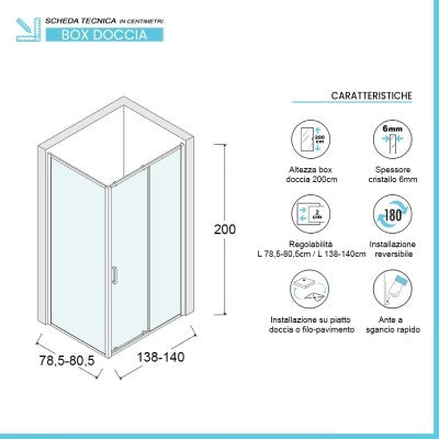 Box doccia angolare 80x140 cm scorrevole in cristallo trasparente Ted
