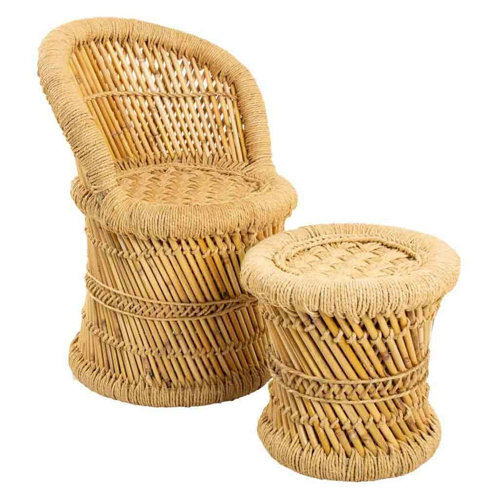 Set di 2 poltrone e sgabello in bambù e corda marrone